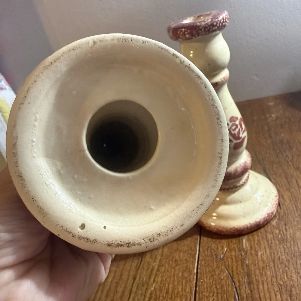 Spongeware Candlesticks Cream with Burgundy Roses